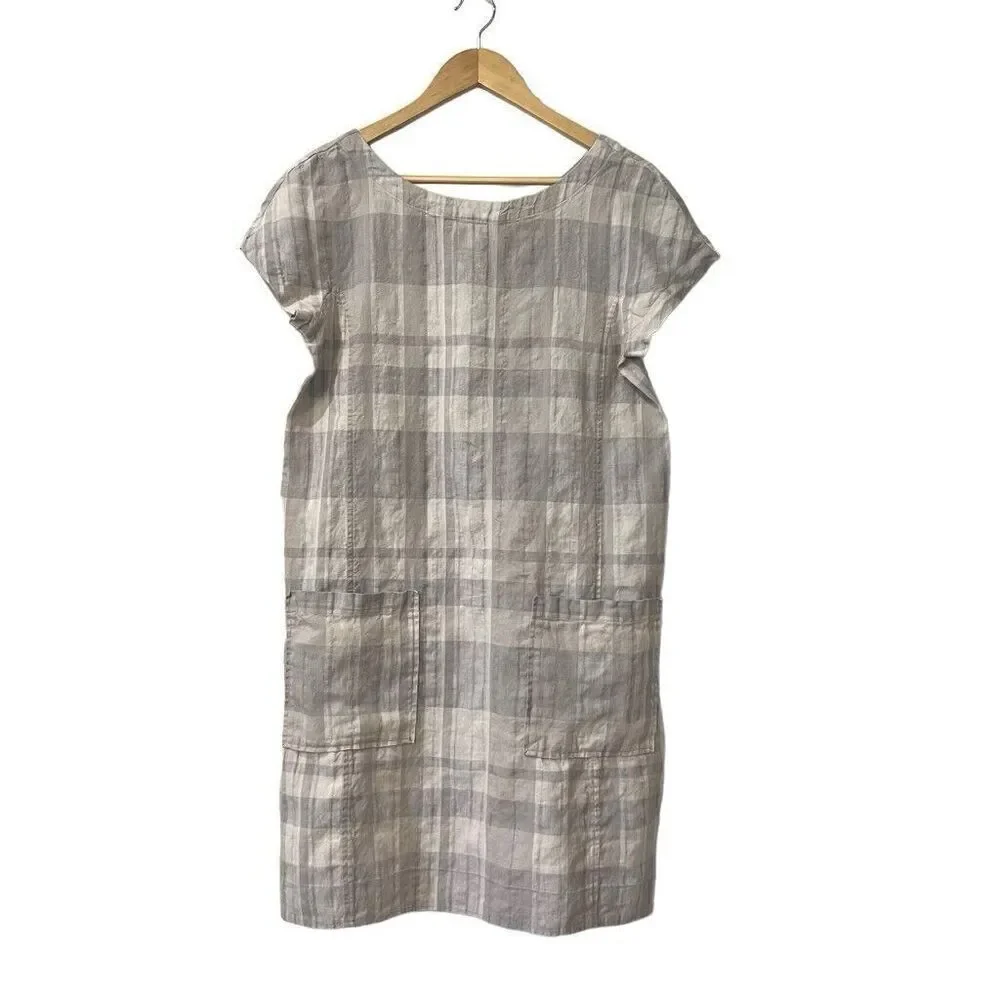Eileen Fisher Size Small Airy Organic Linen Cotton Gray Plaid Shift Dress Pocket